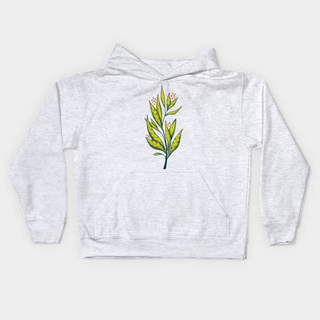 Abstract green plant with decorative leaves and berries Kids Hoodie by Boriana Giormova